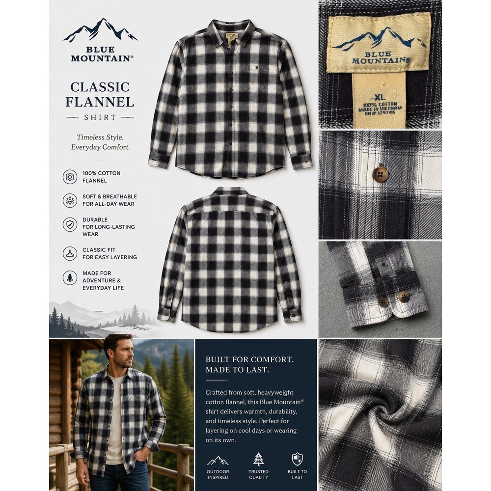 Blue Mountain Mens XL Flannel Shirt Black White Buffalo Plaid Button Down Cotton